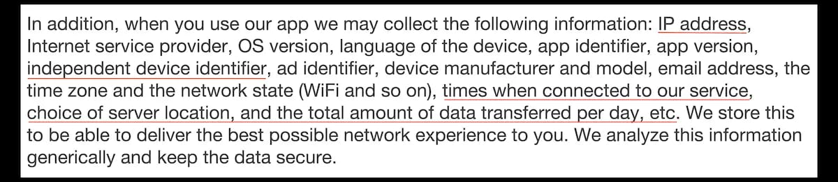 Extract of Thunder VPN’s privacy policy.