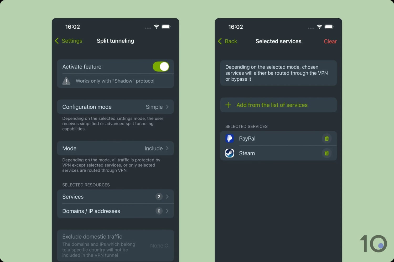 ZoogVPN mobile app interface displaying Split Tunneling settings.