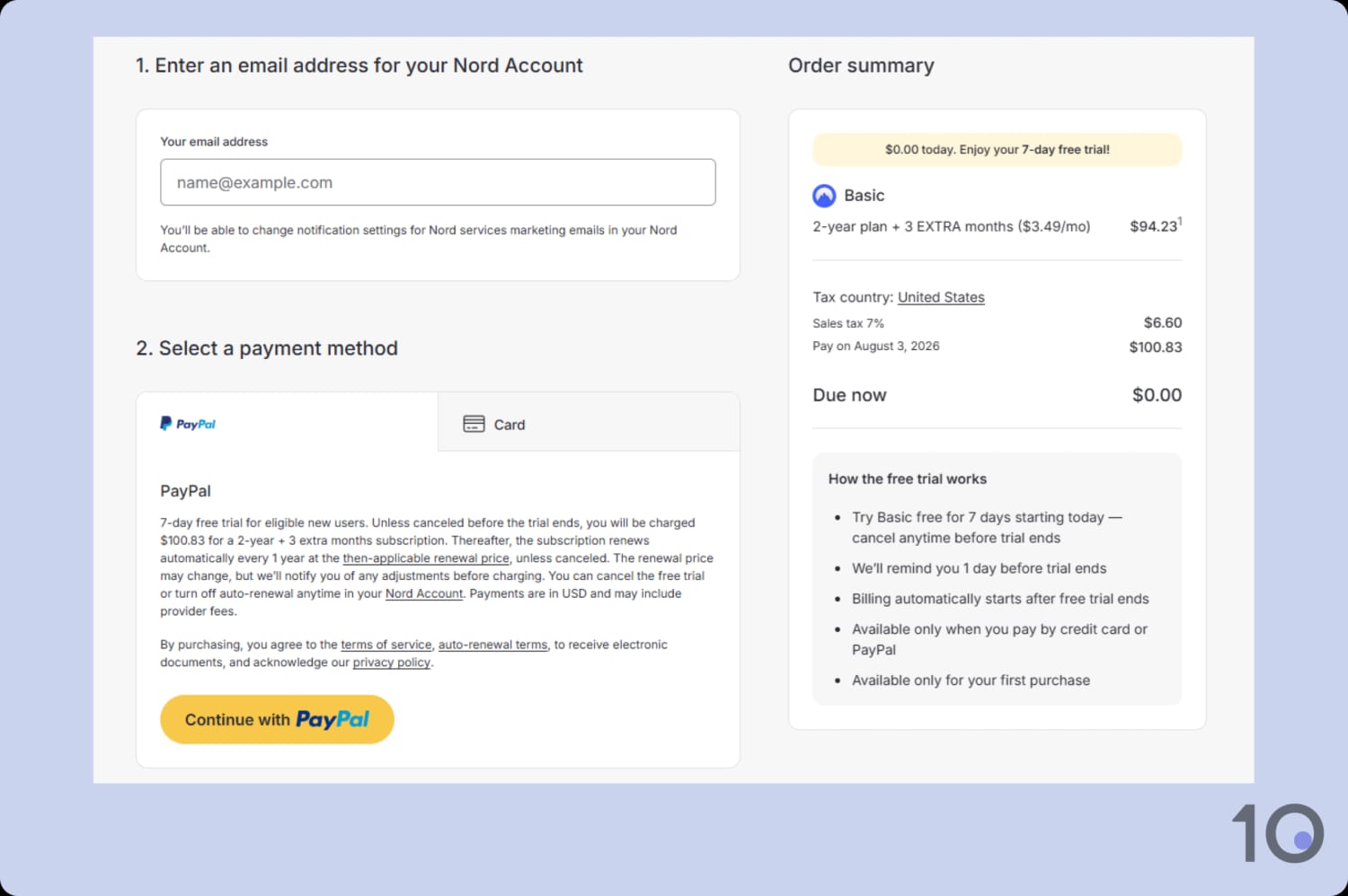 NordVPN free trial payment sign-up screen