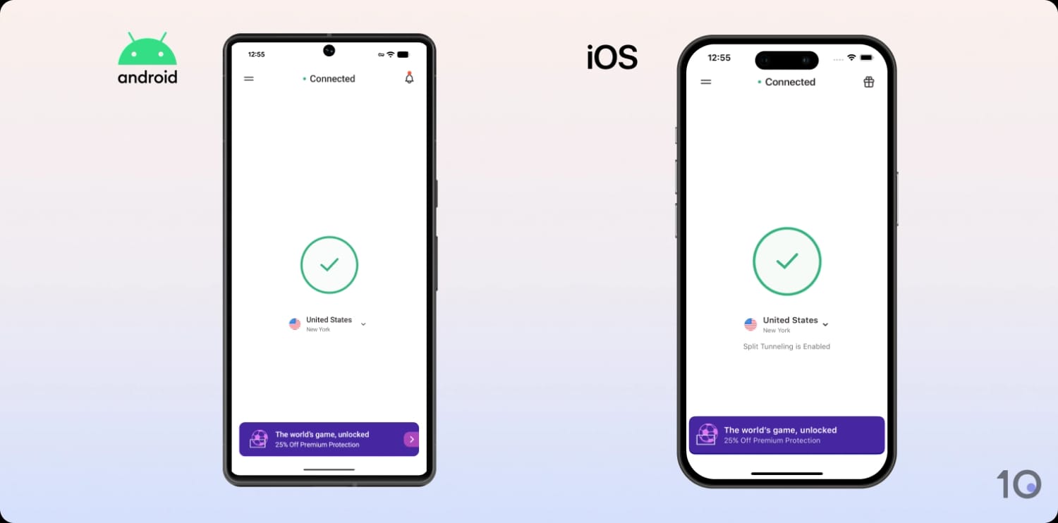 A side-by-side comparison of the VPN 360 app on Android and iOS.