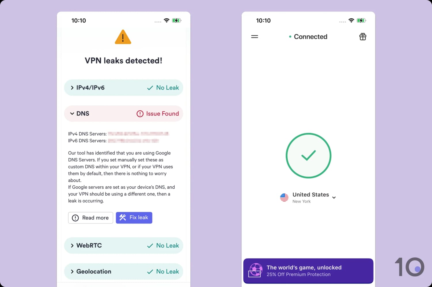 Side-by-side screenshots of the Top10VPN tool detecting a DNS leak while connected to VPN 360.