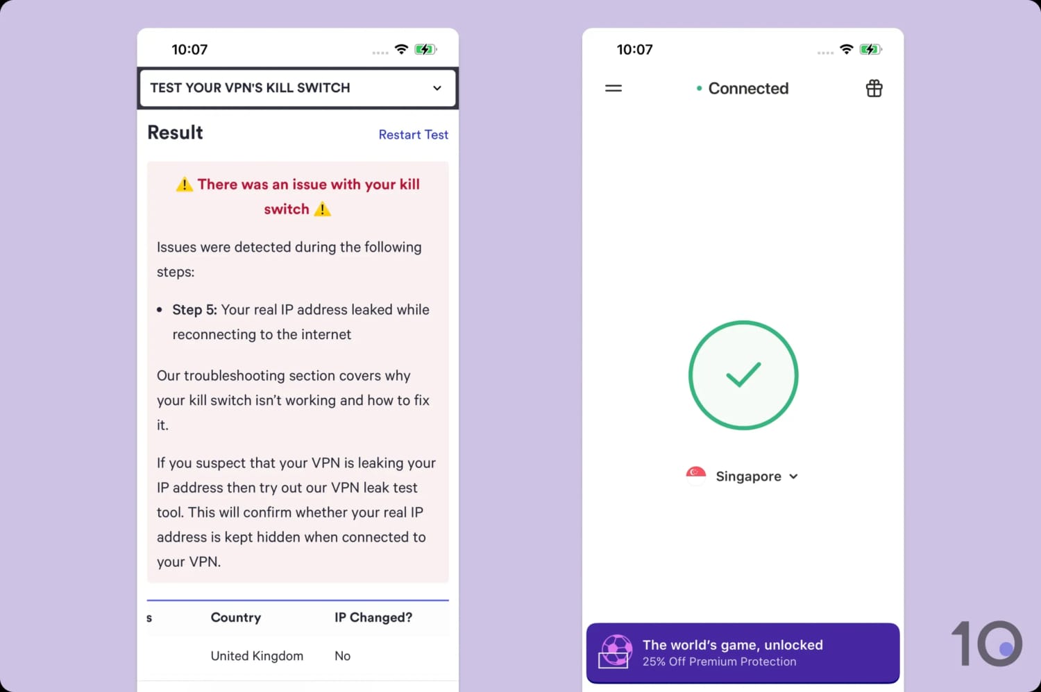 A failed kill switch test while connected to the VPN 360 iOS app.