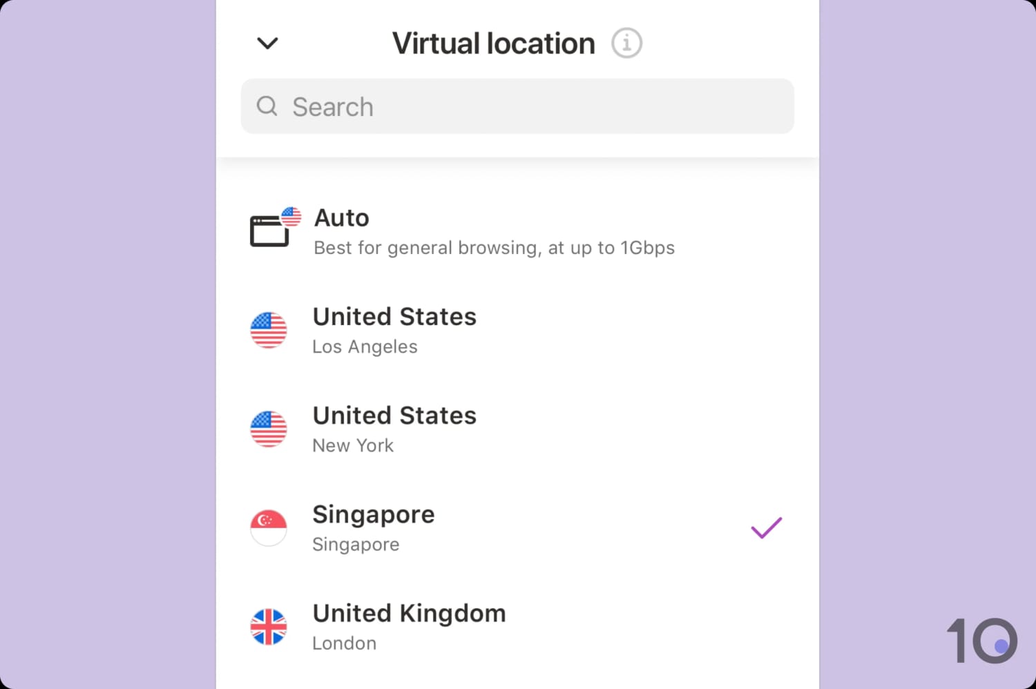 Screenshot of VPN 360's in-app server list.
