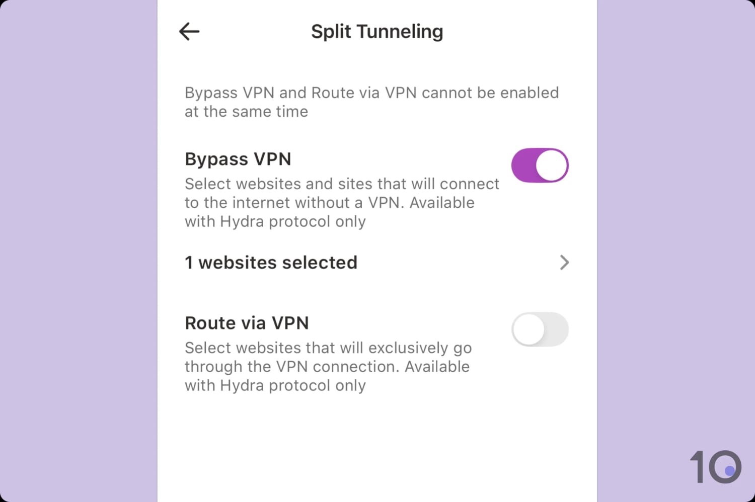 Screenshot of VPN 360's split tunneling feature.