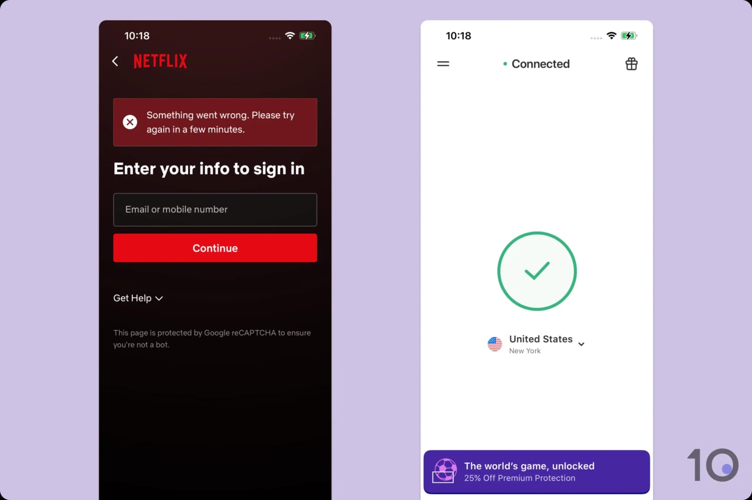 Netflix error message while connected to the VPN 360 iOS app.