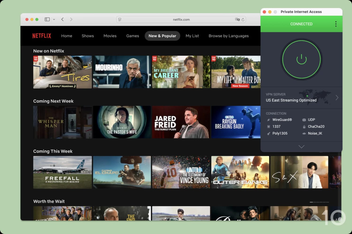 Screenshot of PIA connected to a US server with a default Netflix page.