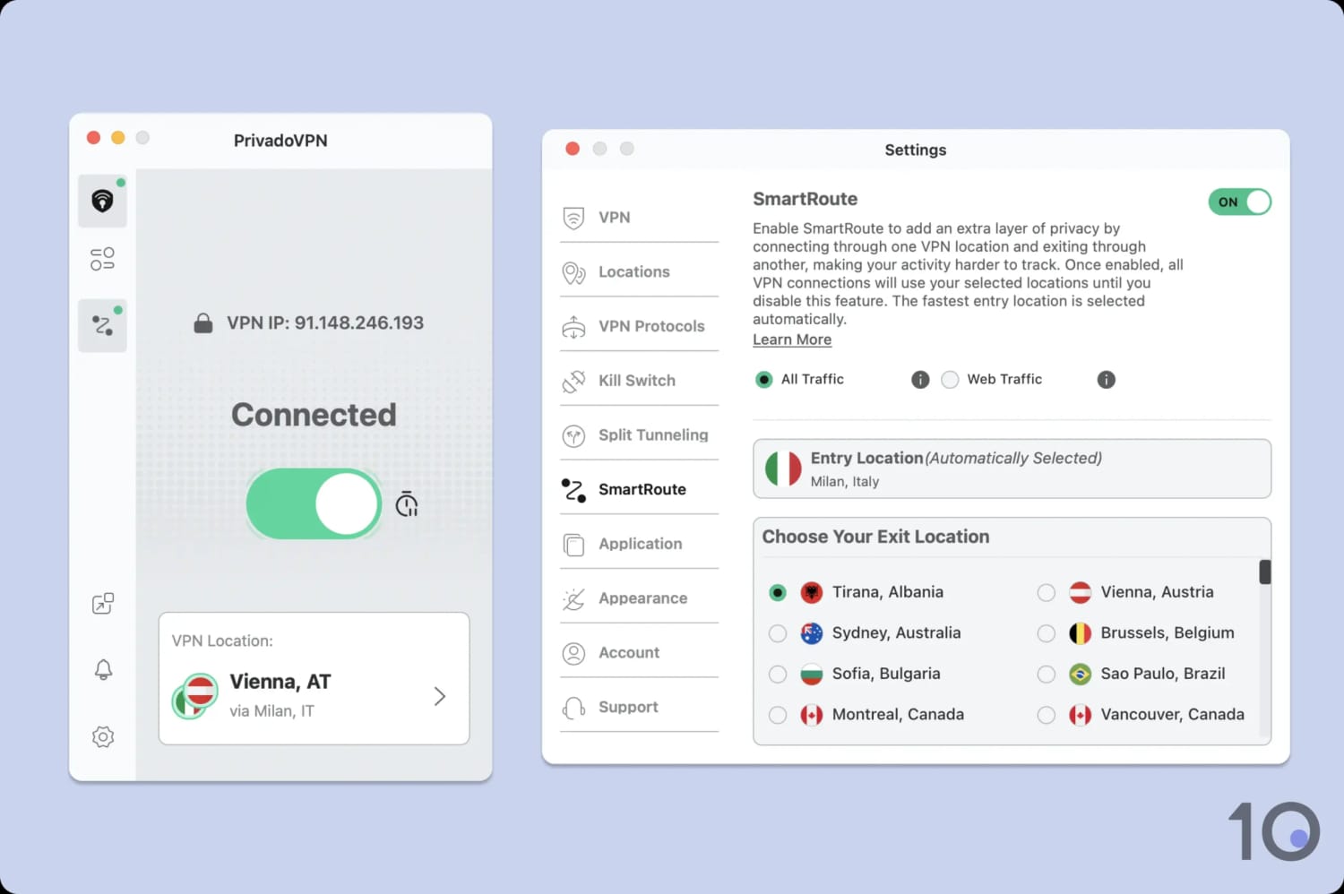 SmartRoute feature in the PrivadoVPN macOS app.