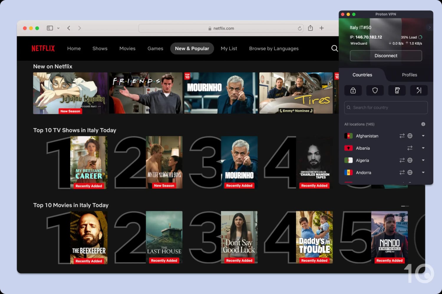Netflix Italy alongside the Proton VPN app.