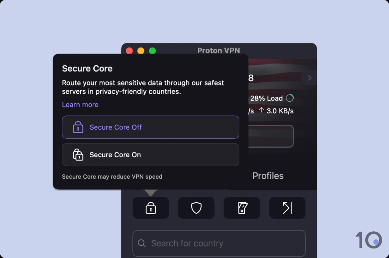 Screenshot of Proton VPN's Secure Core settings.