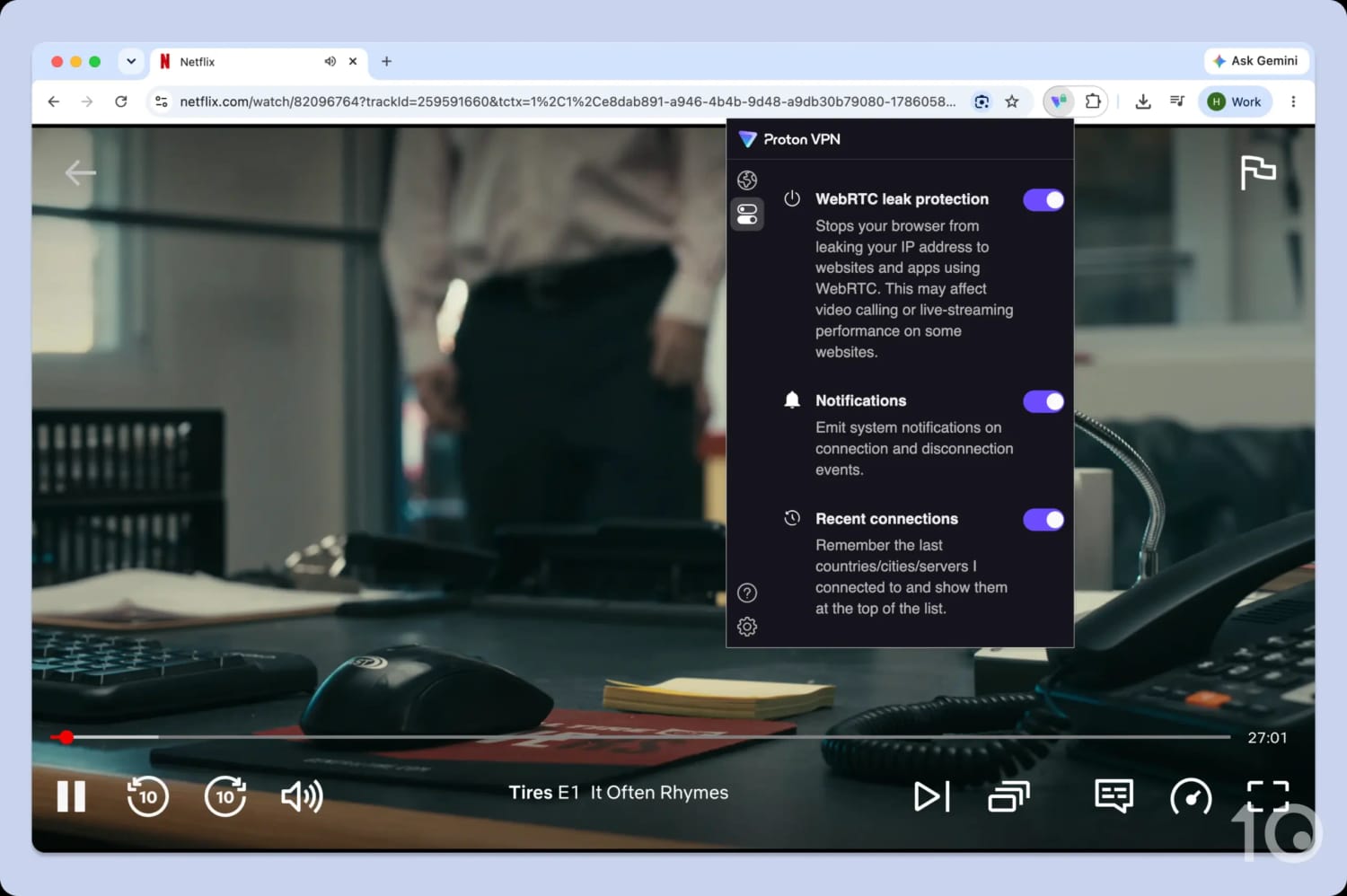 Using WebRTC leak protection Proton VPN's extension to stream US Netflix.