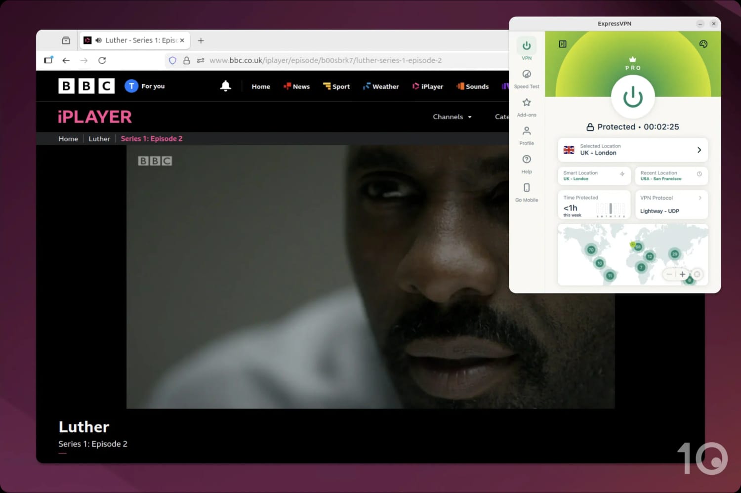 Screenshot of BBC iPlayer alongside the ExpressVPN Linux app.