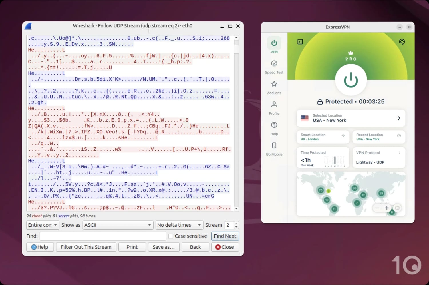 Screenshot of Wireshark alongside the ExpressVPN Linux app.