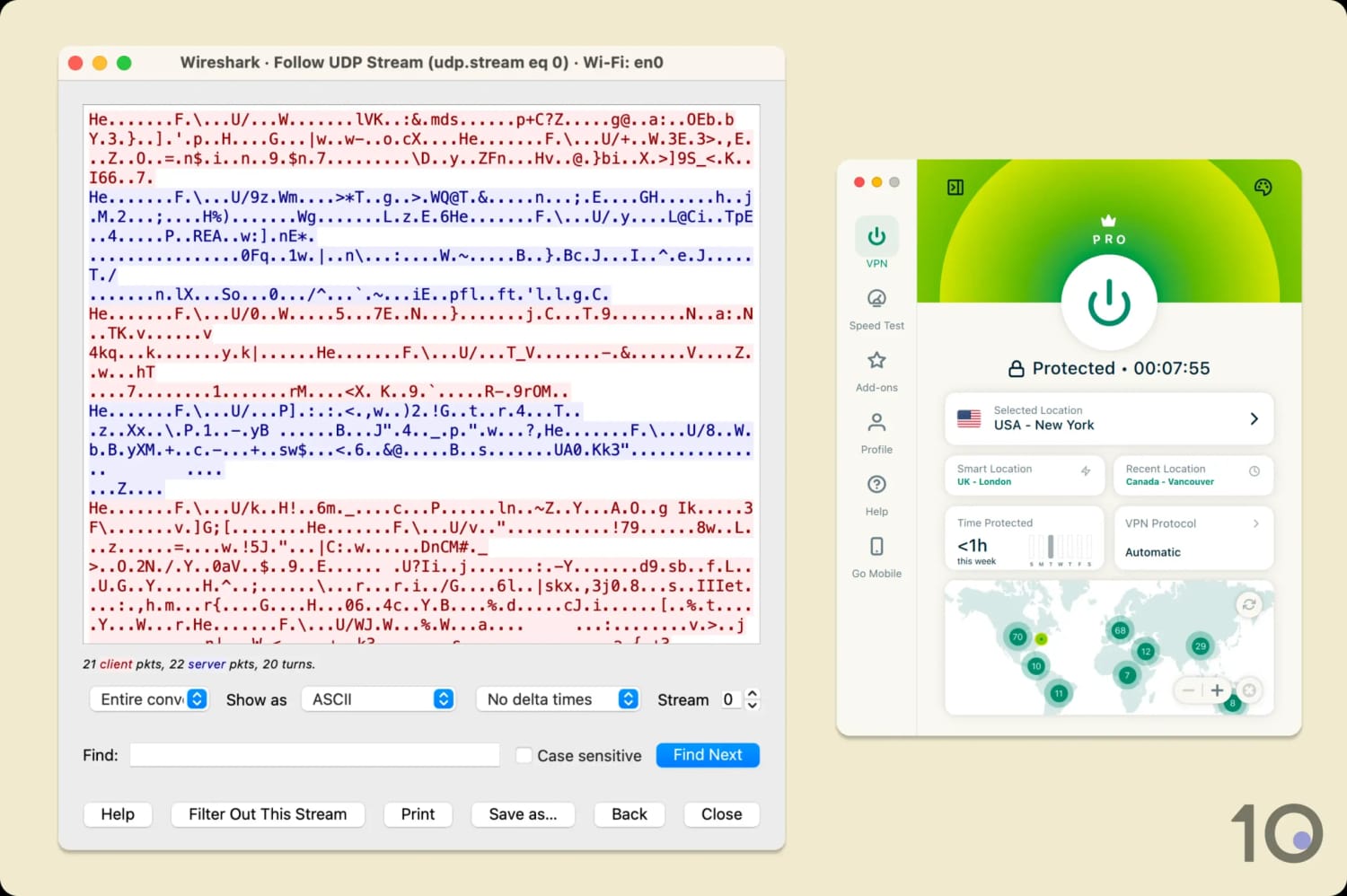 Wireshark results alongside an active ExpressVPN connection.