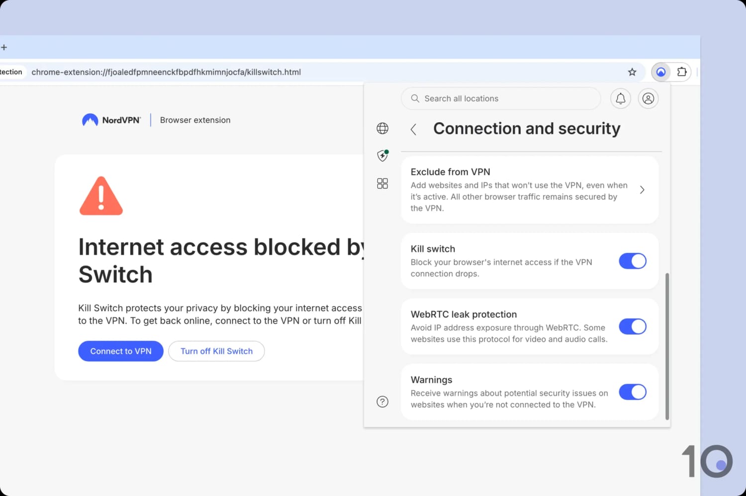NordVPN Chrome extension pop-up indicating the kill switch is active.