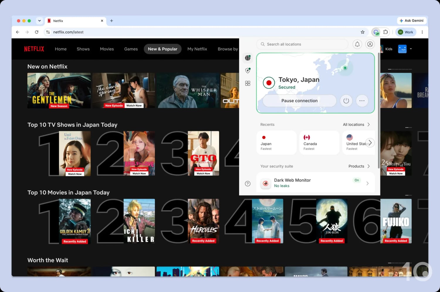 Using the NordVPN Chrome extension to unblock Netflix Japan.