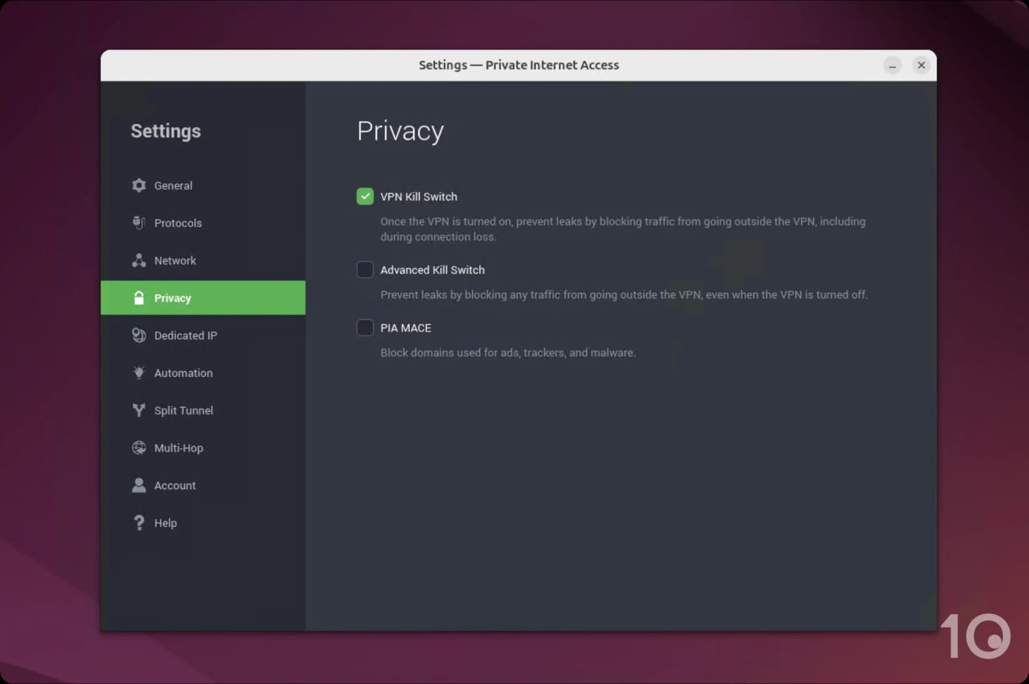 Screenshot of privacy settings in the PIA Linux app.