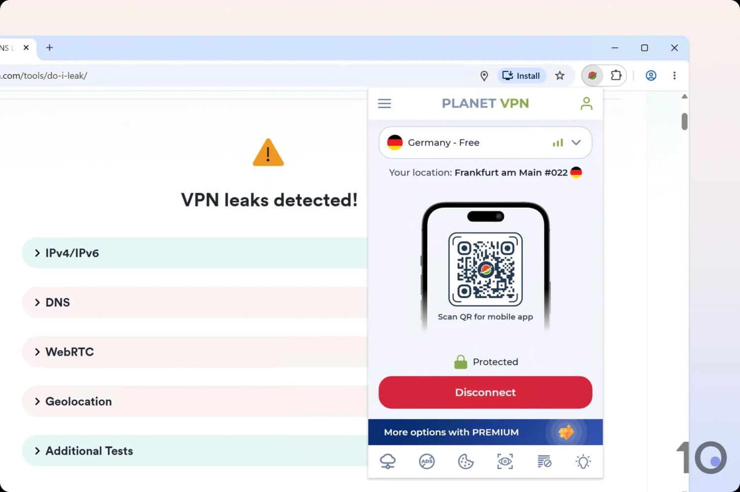 Planet VPN Chrome extension failing a leak test.