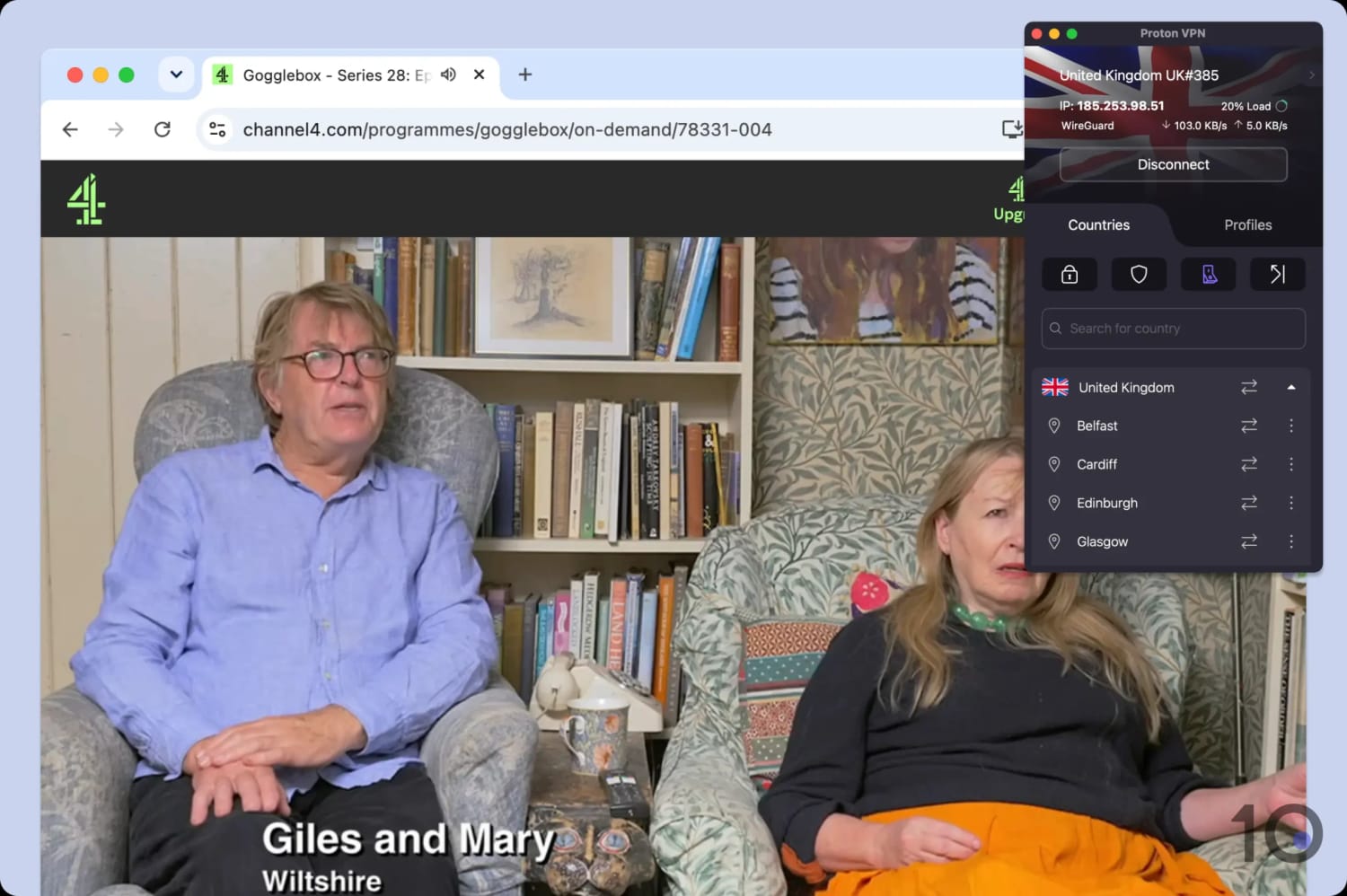 Streaming Channel 4 while connected to Proton VPN.