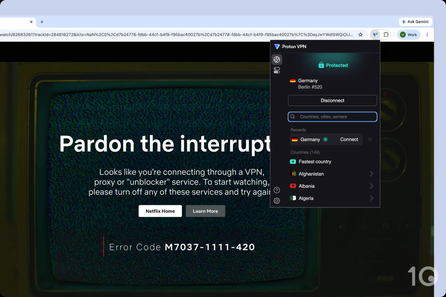 Netflix proxy error screen alongside an active Proton VPN connection to Germany.