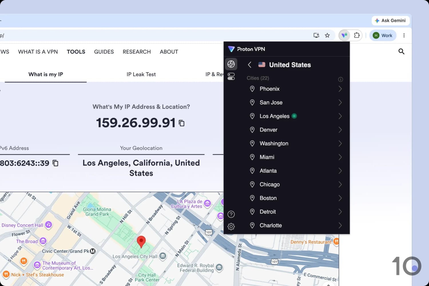 Proton VPN's US server list in Chrome next to Top10VPN's IP lookup tool.