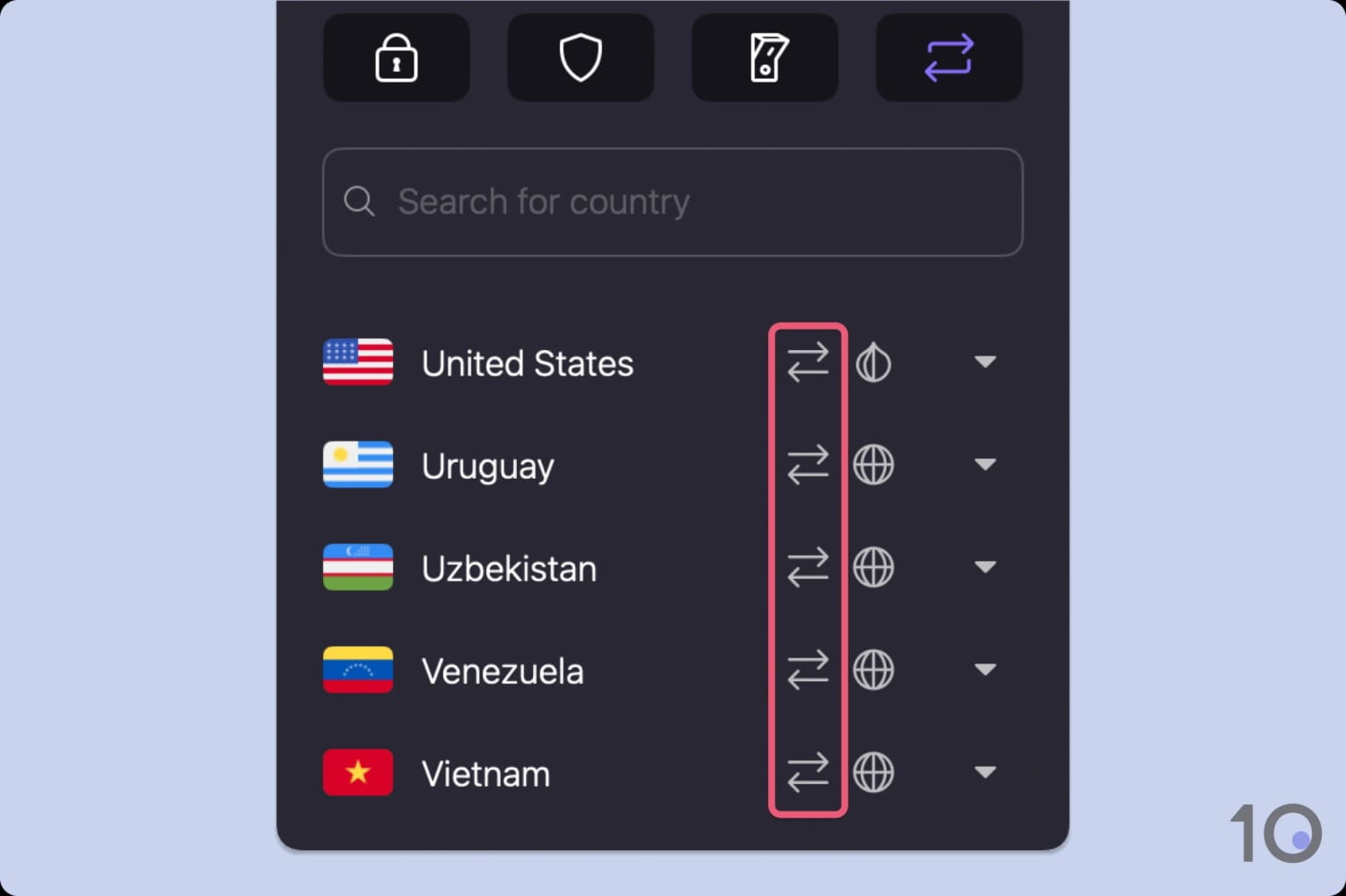 Magnified Proton VPN server list with P2P icons highlighted in pink.