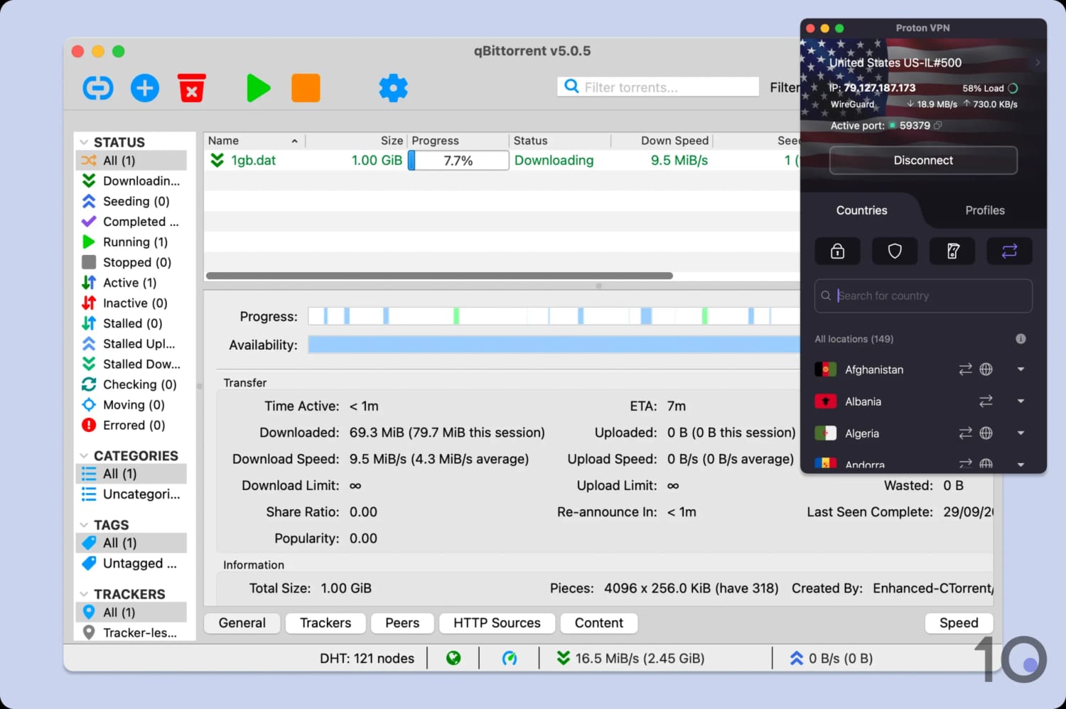 Downloading a torrent file while connected to Proton VPN.