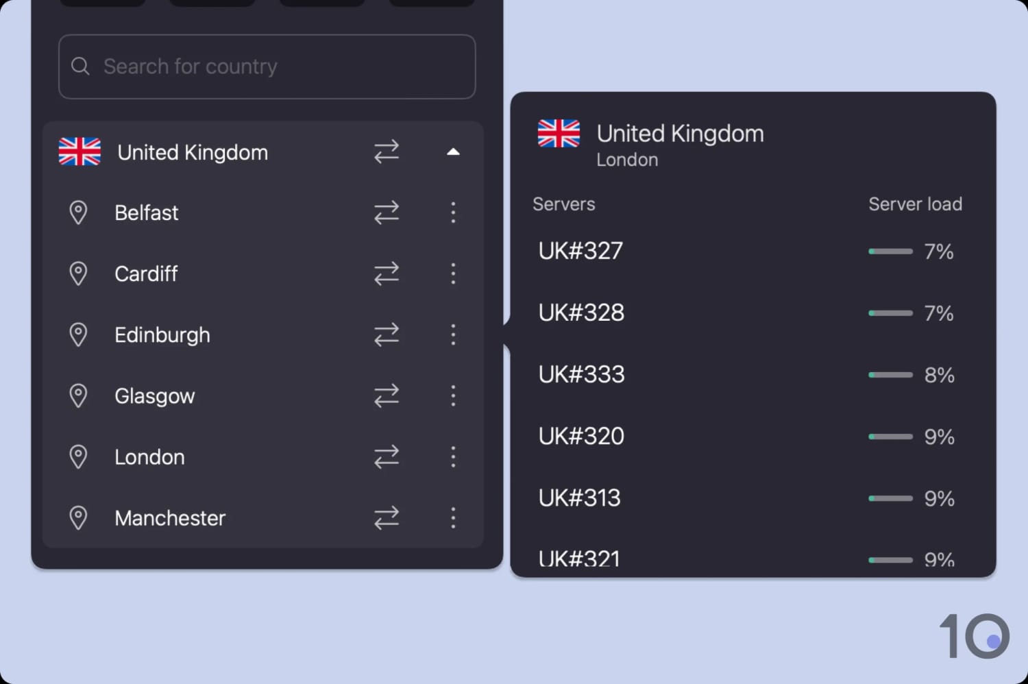 Magnified screenshot of Proton VPN UK server options.