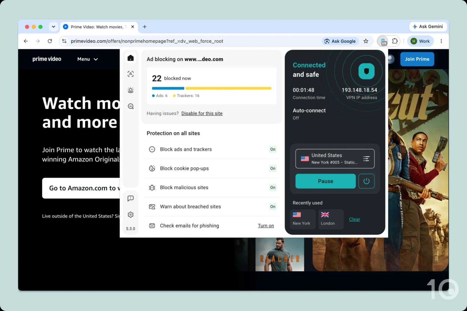 Surfshark's Chrome extension blocking ads and trackers on Amazon Prime Video.