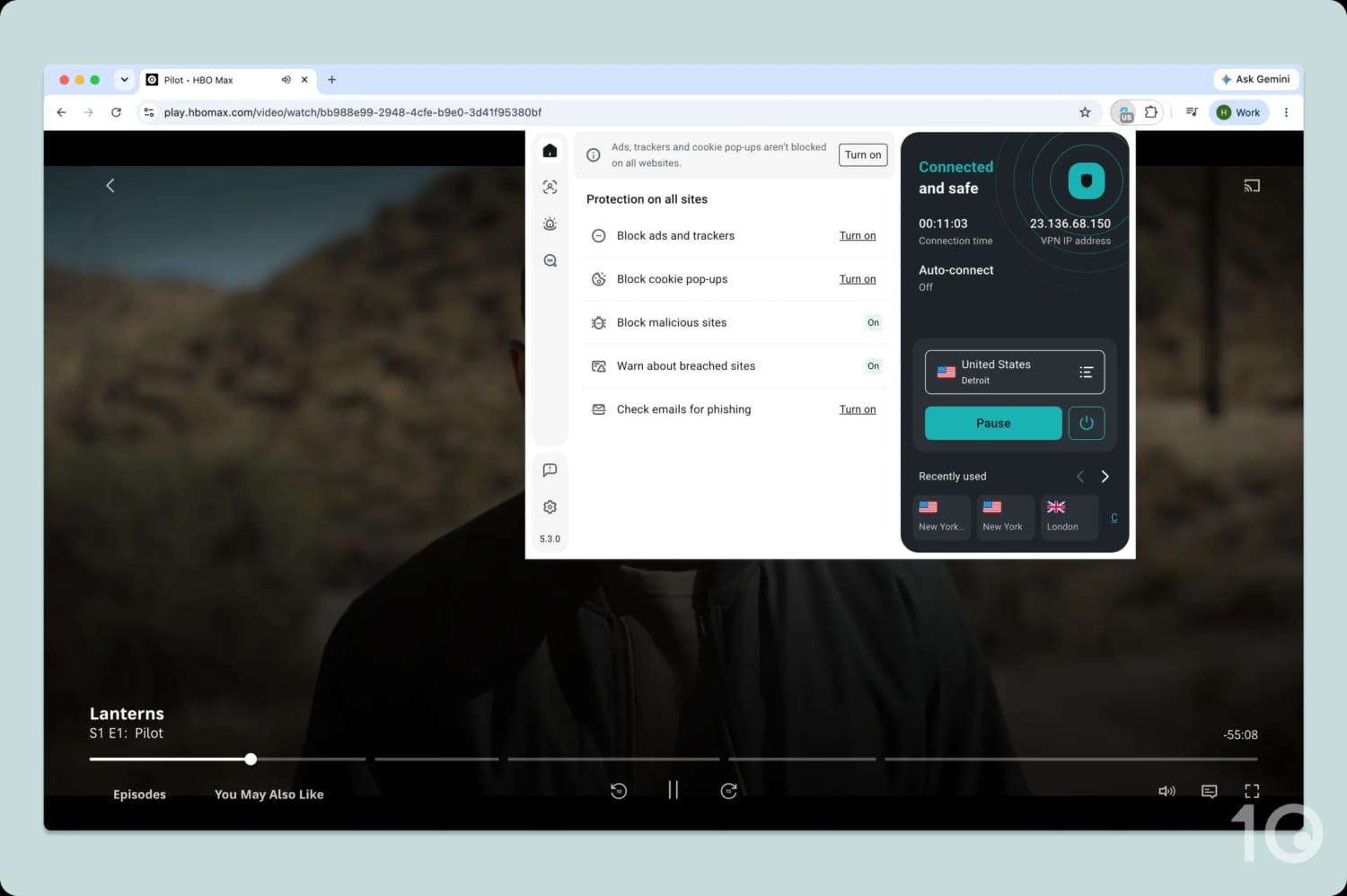 Streaming Lanterns on HBO Max while connected to the Surfshark Chrome extension.