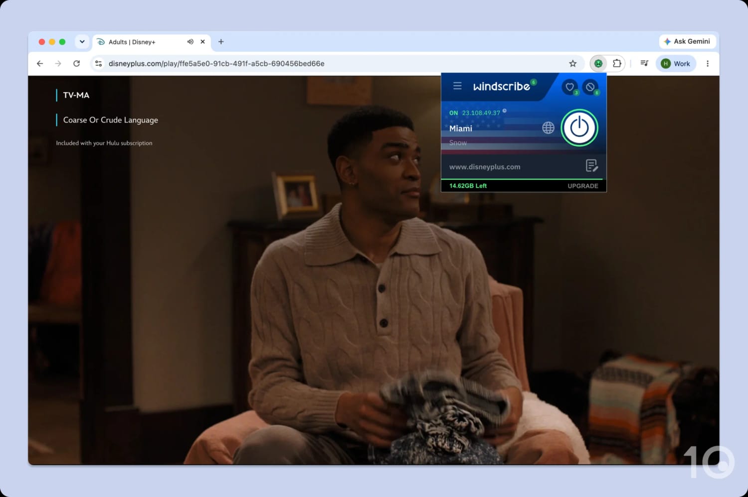 Streaming Adults on Hulu while connected to the Windscribe extension.