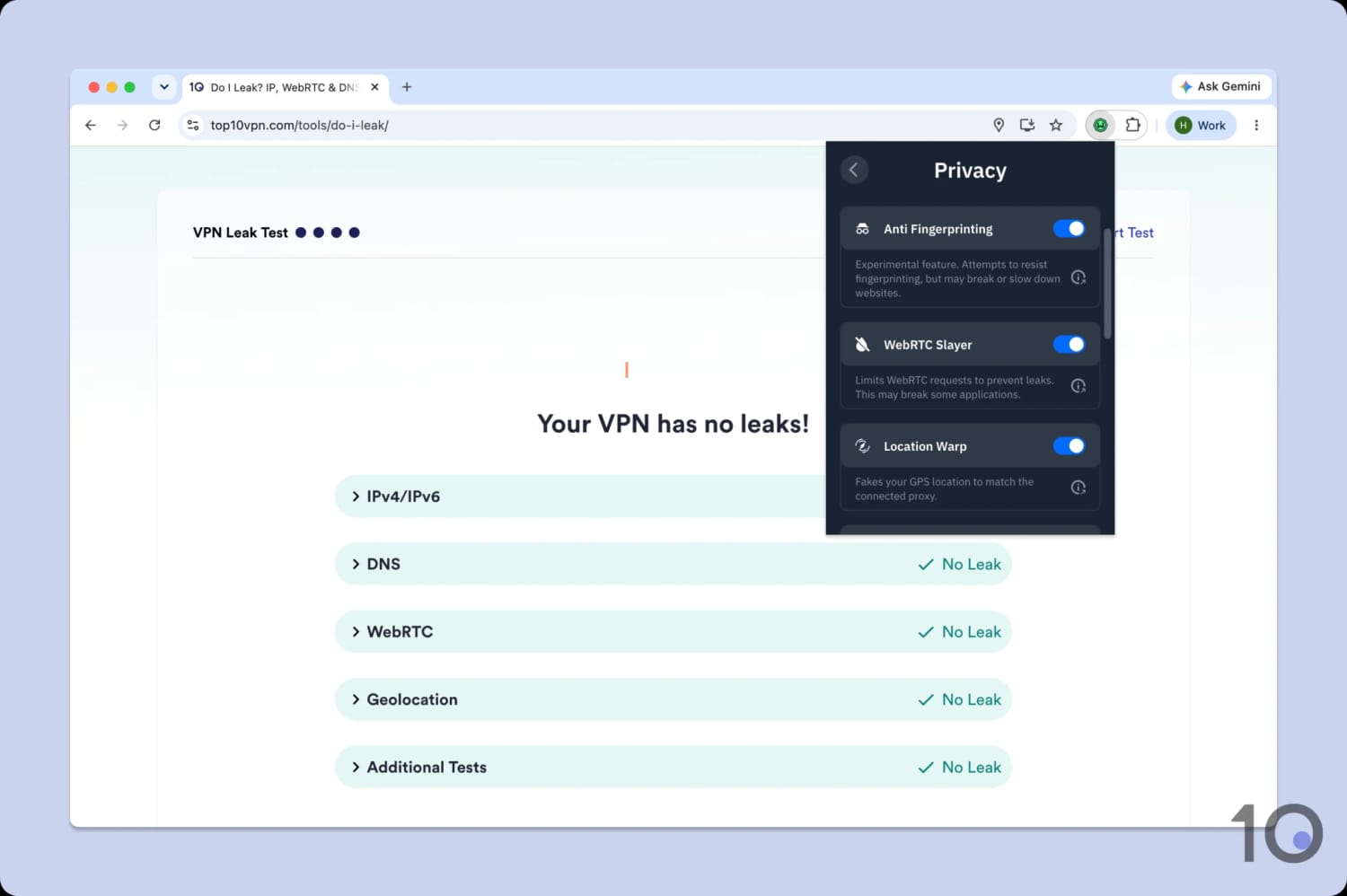 Windscribe Chrome extension passing a leak test.