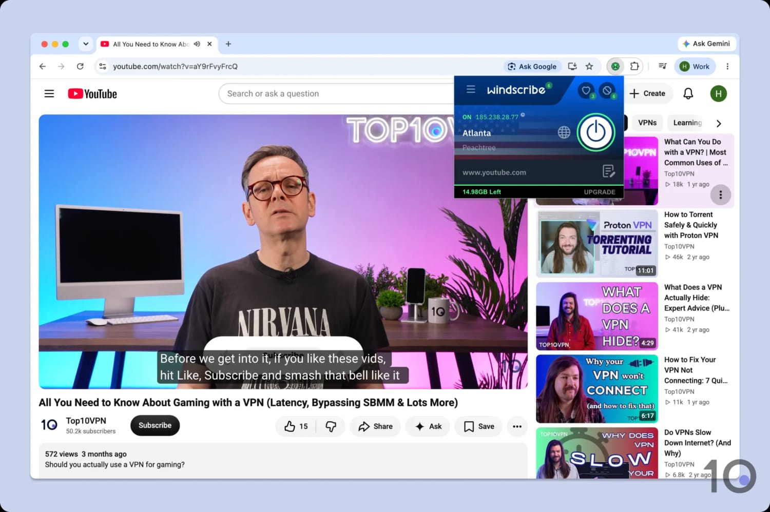 Watching a YouTube video while connected to the Windscribe Chrome extension.
