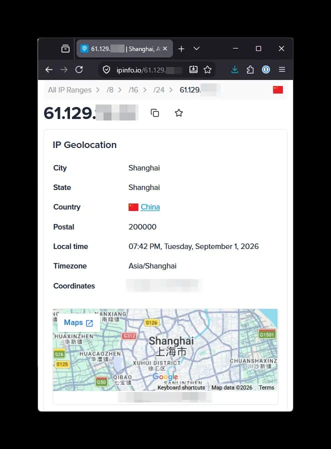 IP geolocation of Top10VPN VPN testing server in Shanghai, China.