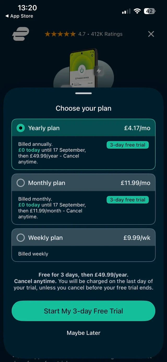 ExpressVPN's plans eligible for the free trial on mobile.