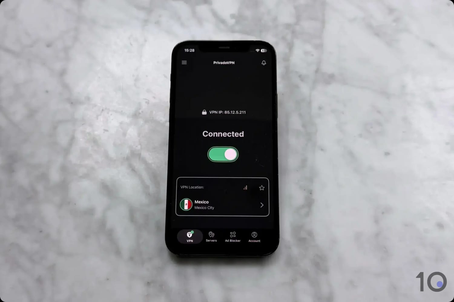 PrivadoVPN's free Mexican server on mobile.