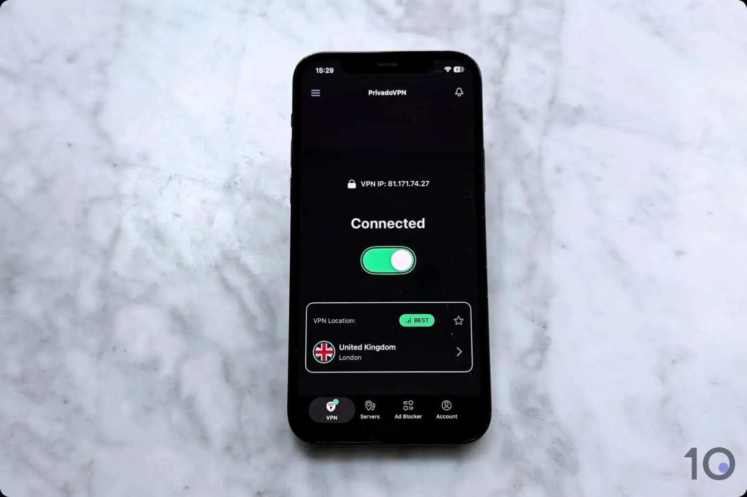 PrivadoVPN's free UK server on mobile.