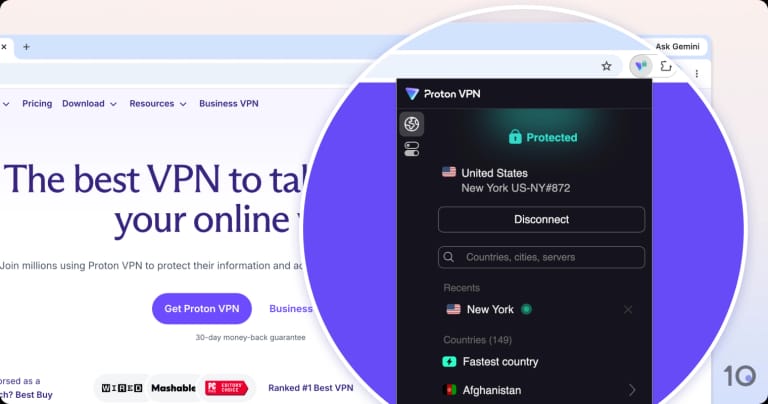 Zoomed-in screenshot highlighting the Proton VPN Chrome extension.