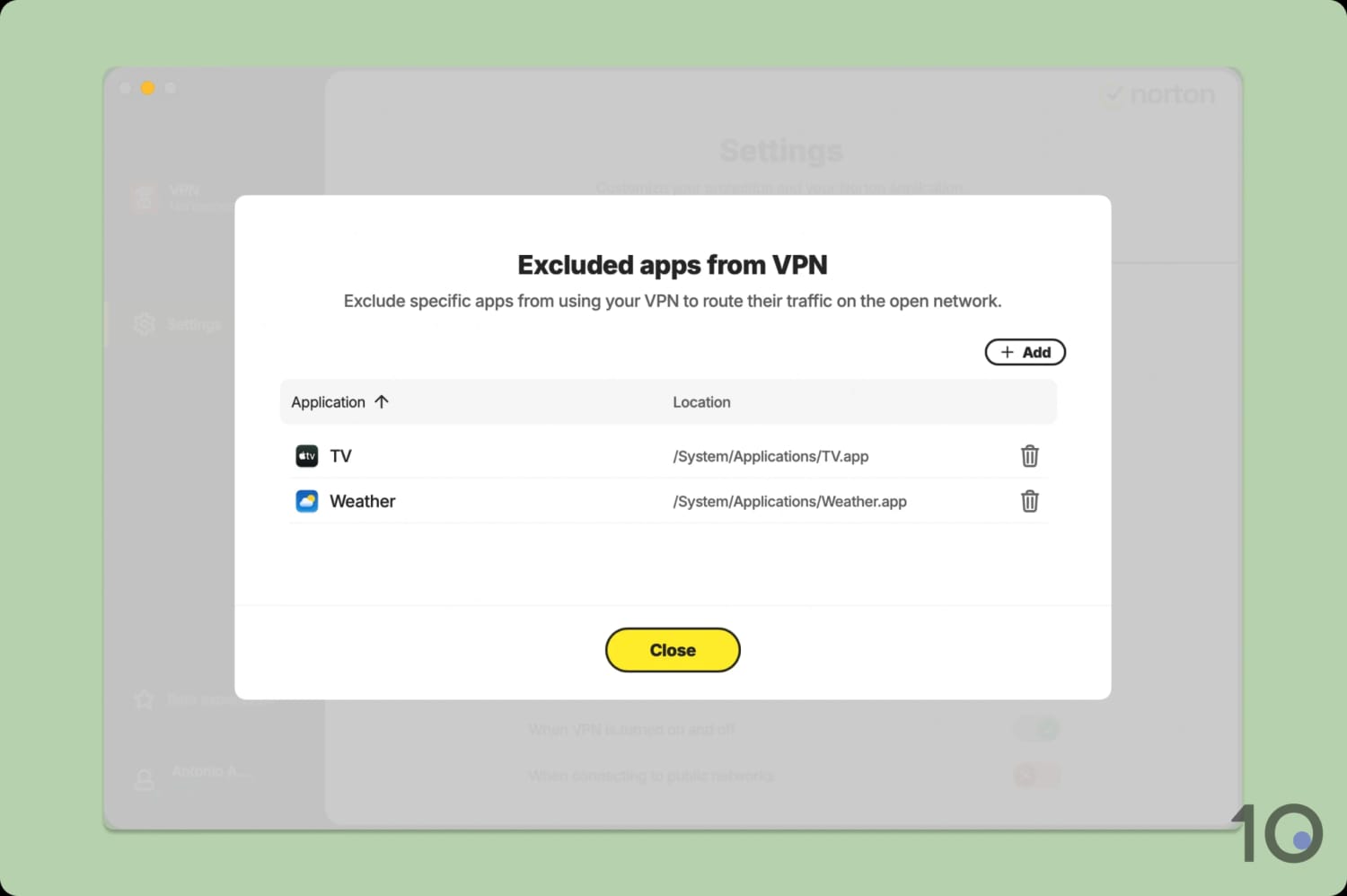 Split tunneling in the Norton VPN macOS app.