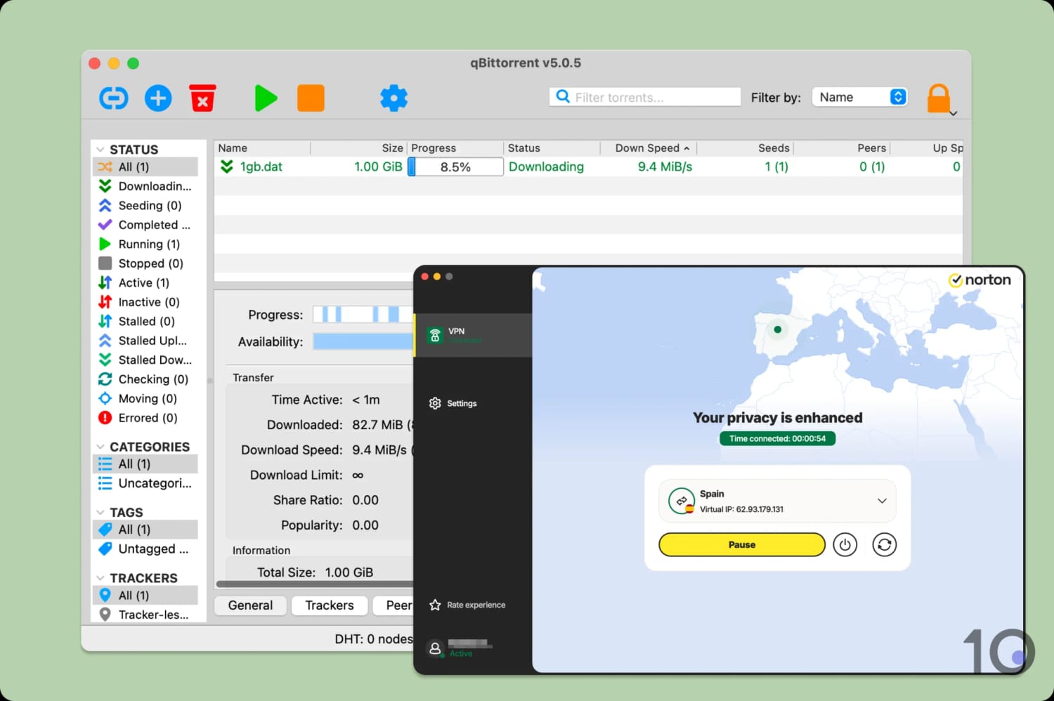 Conducting a torrenting speed test with an active Norton VPN connection.