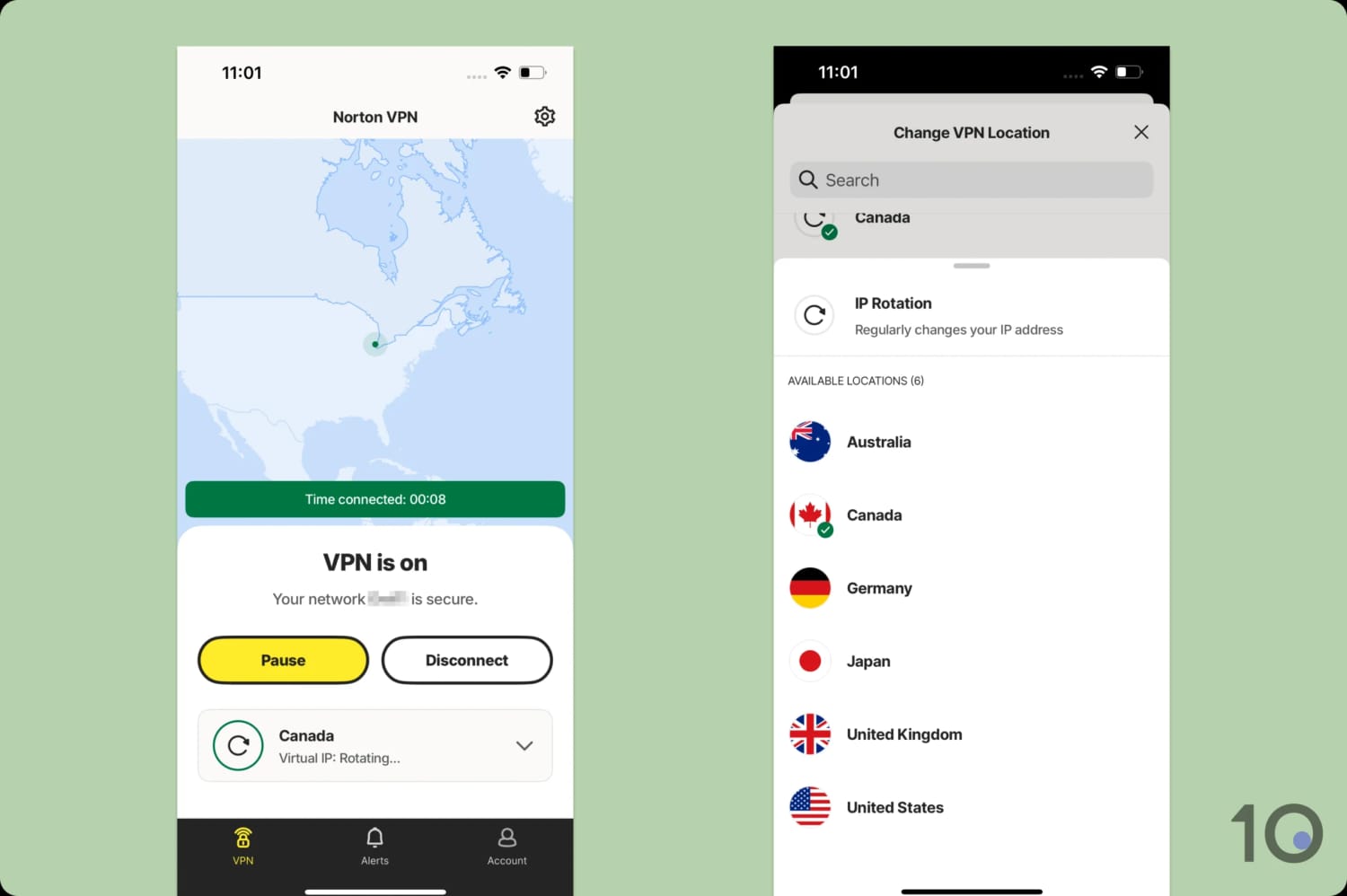 Side-by-side screenshots of an active Norton VPN connection and its IP rotation servers.