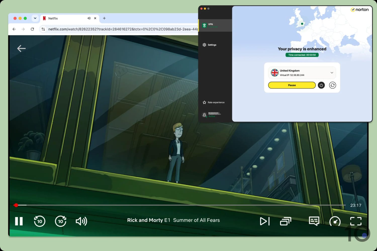 Streaming UK Netflix while connected to Norton VPN.