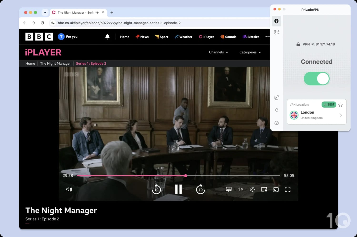 Streaming BBC iPlayer while connected to a free PrivadoVPN server.