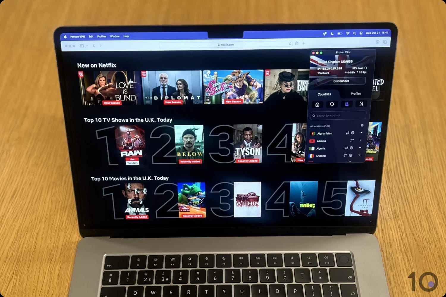 Unblocking UK Netflix with Proton VPN.