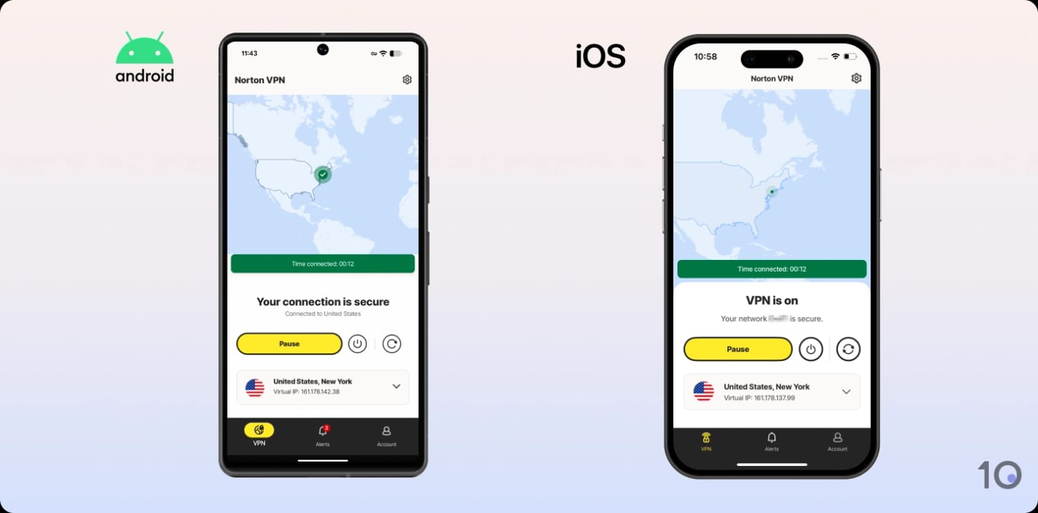 Side-by-side comparison of Norton VPN's Android and iOS apps.