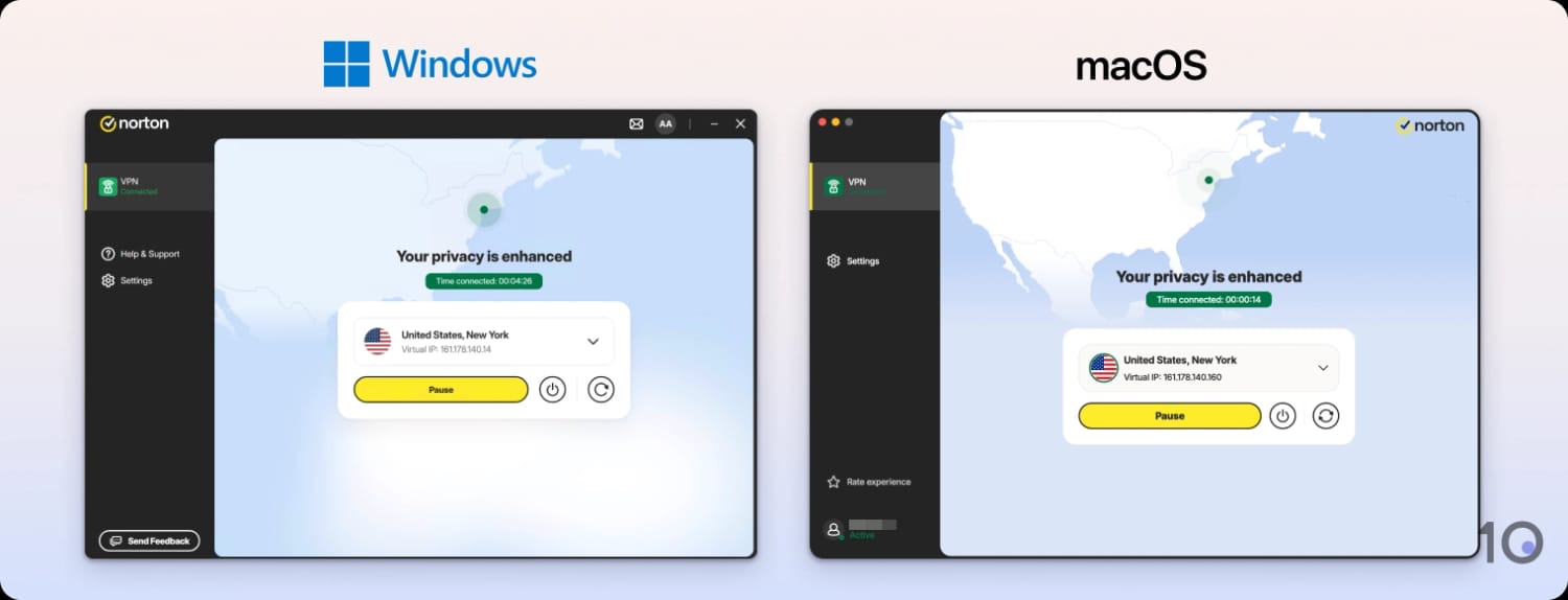 Side-by-side comparison of Norton VPN's Windows and macOS apps.