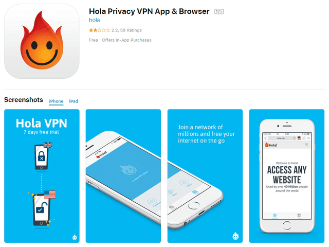 Hola App Store listing