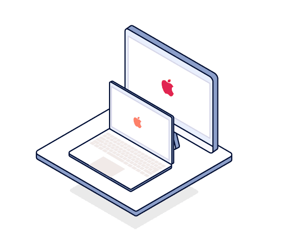 Illustration of MacOS devices, an iMac and a MacBook