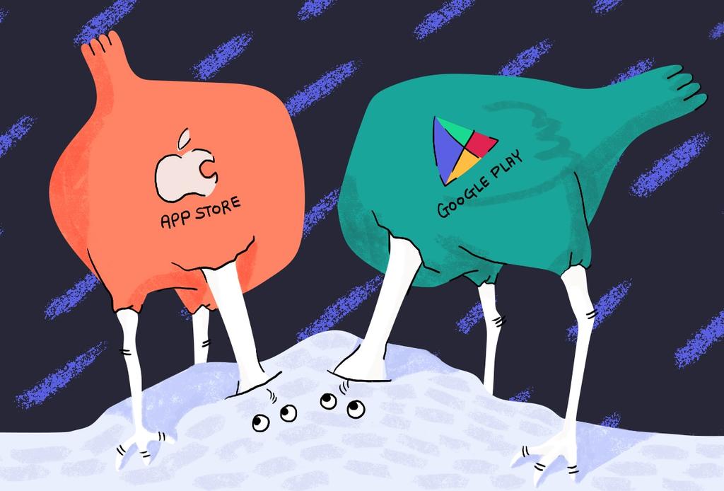 Free VPN Ownership & Security Investigations Update report header illustration of ostriches featuring the Play and App Store logos with heads in the sand
