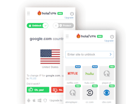 Two screenshots of Hola VPN software side-by-side