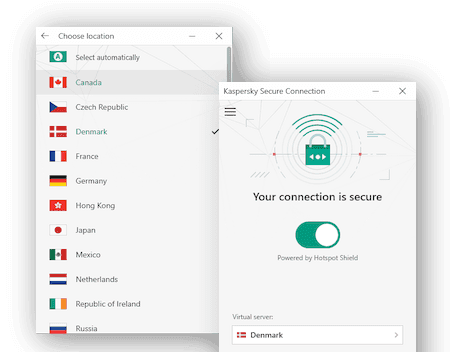 Screenshots of the Kaspersky Secure Connection app